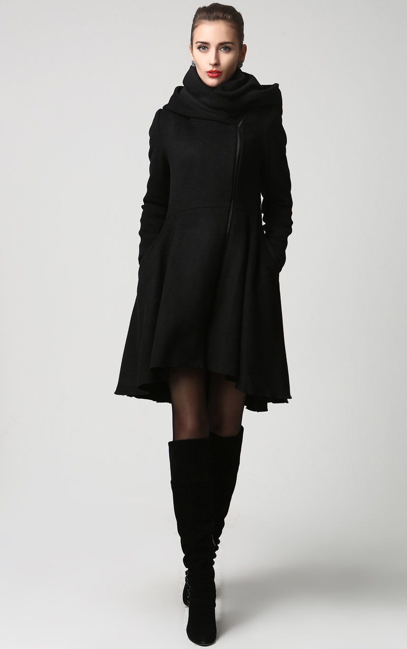 Asymmetrical Hooded wool coat Black full skirt coat Winter | Etsy