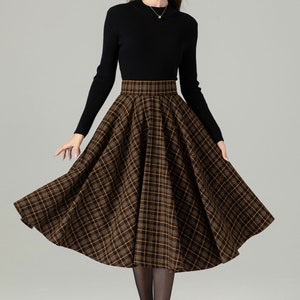 Jupe midi à carreaux en laine, Jupe trapèze en laine, Jupe cercle en laine, Jupe hiver automne femme, Jupe taille haute en laine, Jupe en laine tartan rétro 4498 image 2