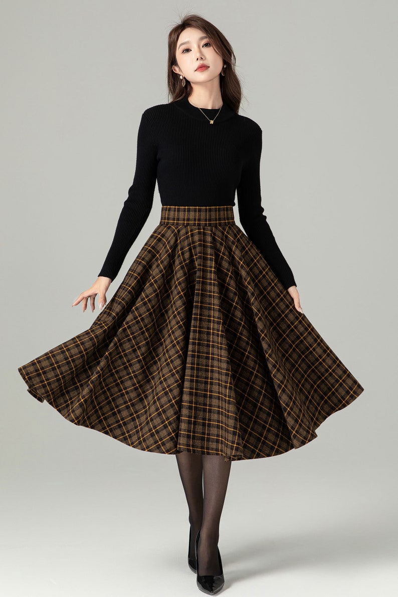 Midi-Woll-Karorock, Swing-Wollrock, Woll-Kreisrock, Winter-Herbst-Rock für Damen, hoch taillierter Wollrock, Retro-Tartan-Wollrock 4498 Bild 2