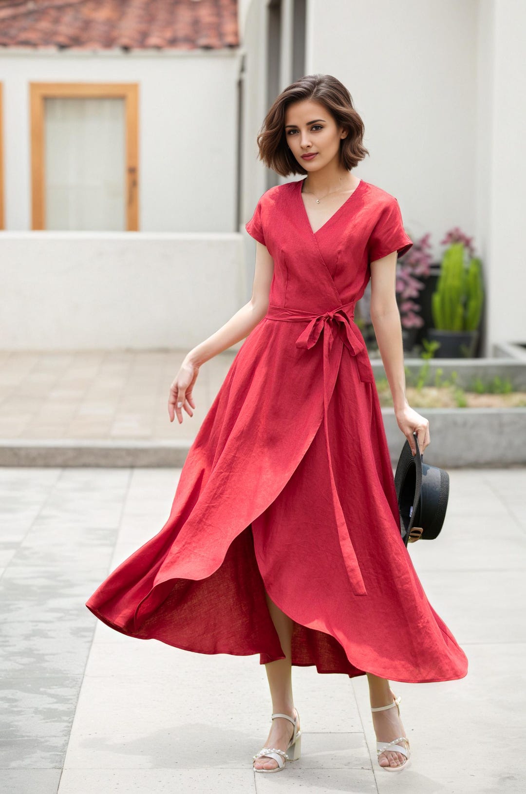 Wrap Linen Dress, Short Sleeve Red Linen Wrap Dress, Summer Linen Midi Dress, Womens Dress, Long Linen Dress, Handmade Linen Dress 5202#