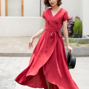 Wrap Linen dress, Short sleeve Red Linen Wrap dress, Summer Linen Midi dress, Womens dress, Long Linen dress, Handmade Linen dress 5202#