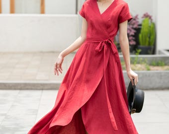 Wrap Linen dress, Short sleeve Red Linen Wrap dress, Summer Linen Midi dress, Womens dress, Long Linen dress, Handmade Linen dress 5202#