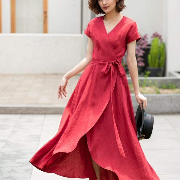 Wrap Linen dress, Short sleeve Red Linen Wrap dress, Summer Linen Midi dress, Womens dress, Long Linen dress, Handmade Linen dress 5202#