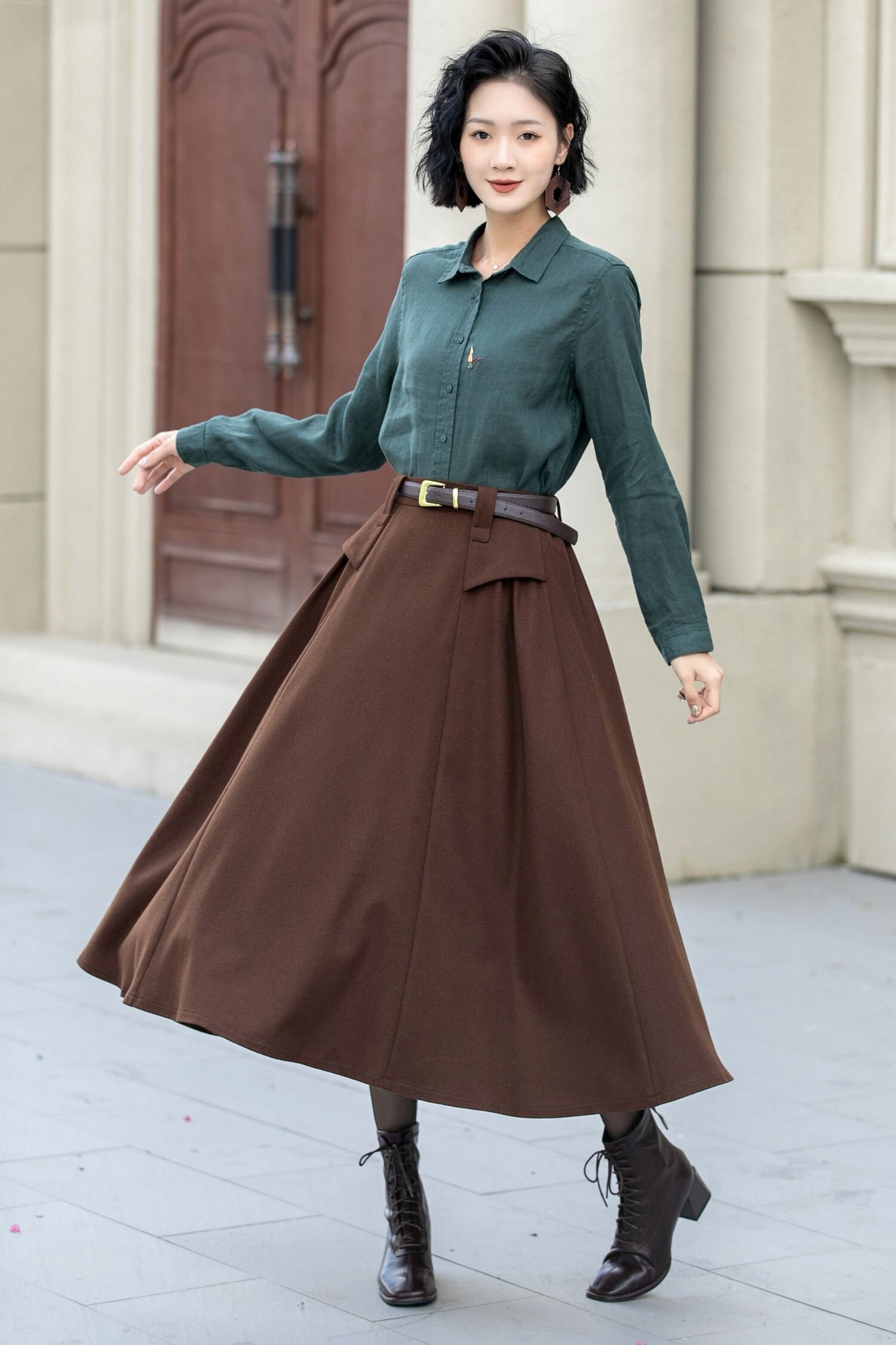 Brown Wool Midi Skirt: High Waist A-line Winter Skirt, Plus Size