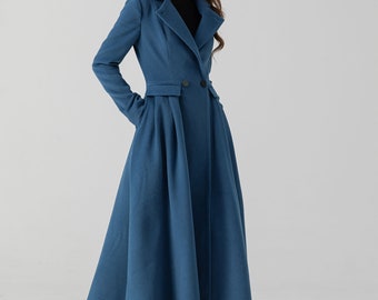 Wool Coat, Blue Midi Wool Coat, Long Wool Coat, Swing Wool