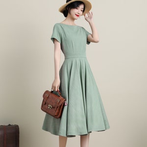 Green Swing Midi Dress, Vintage 1950s Short Sleeve Dress With Pockets ...