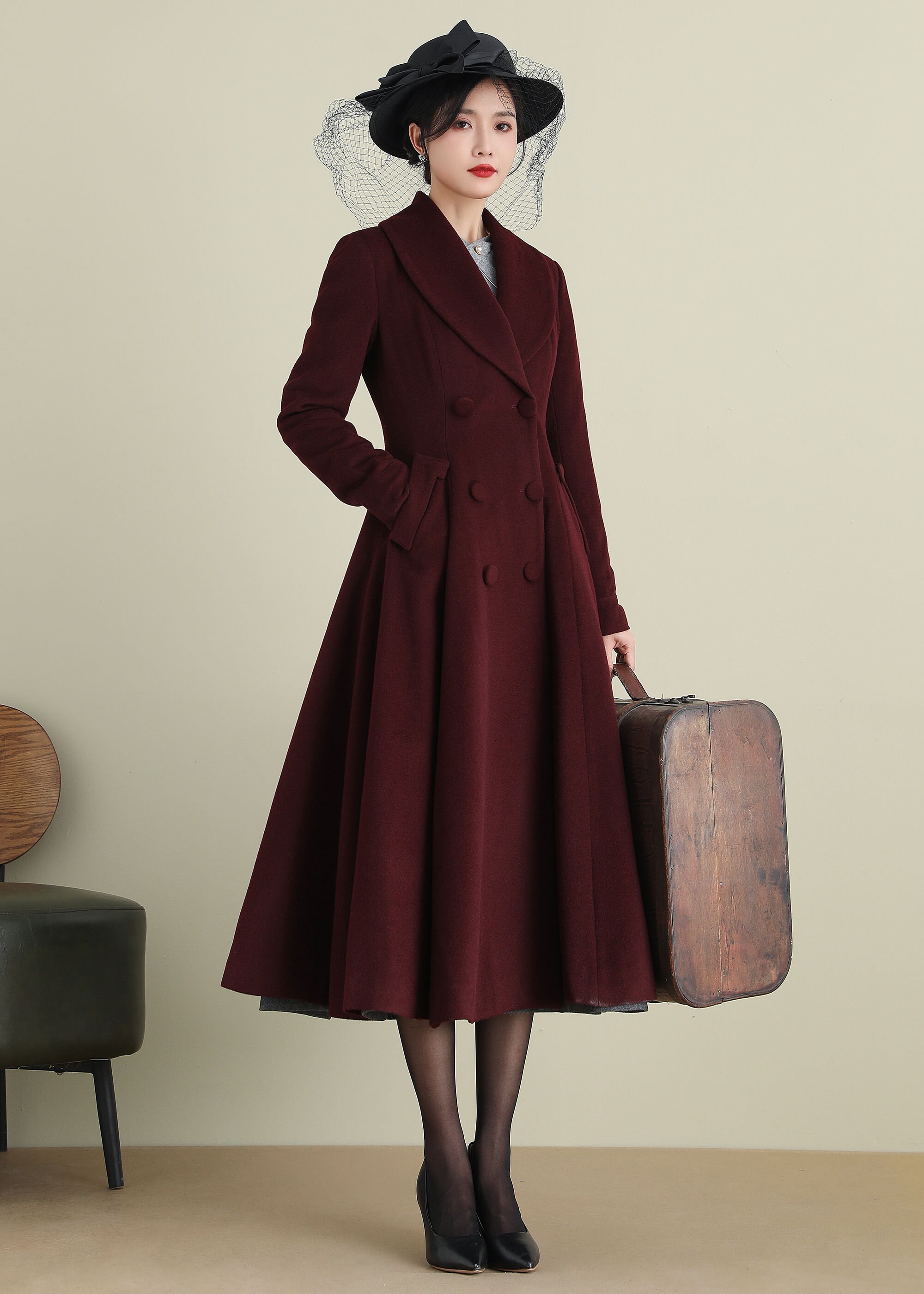 cornier コルニエ PAPER WOOL DOUBLE LONGCOAT Burgundy Wool Coat, Long Wool Coat, Womens Coat, A Line Coat