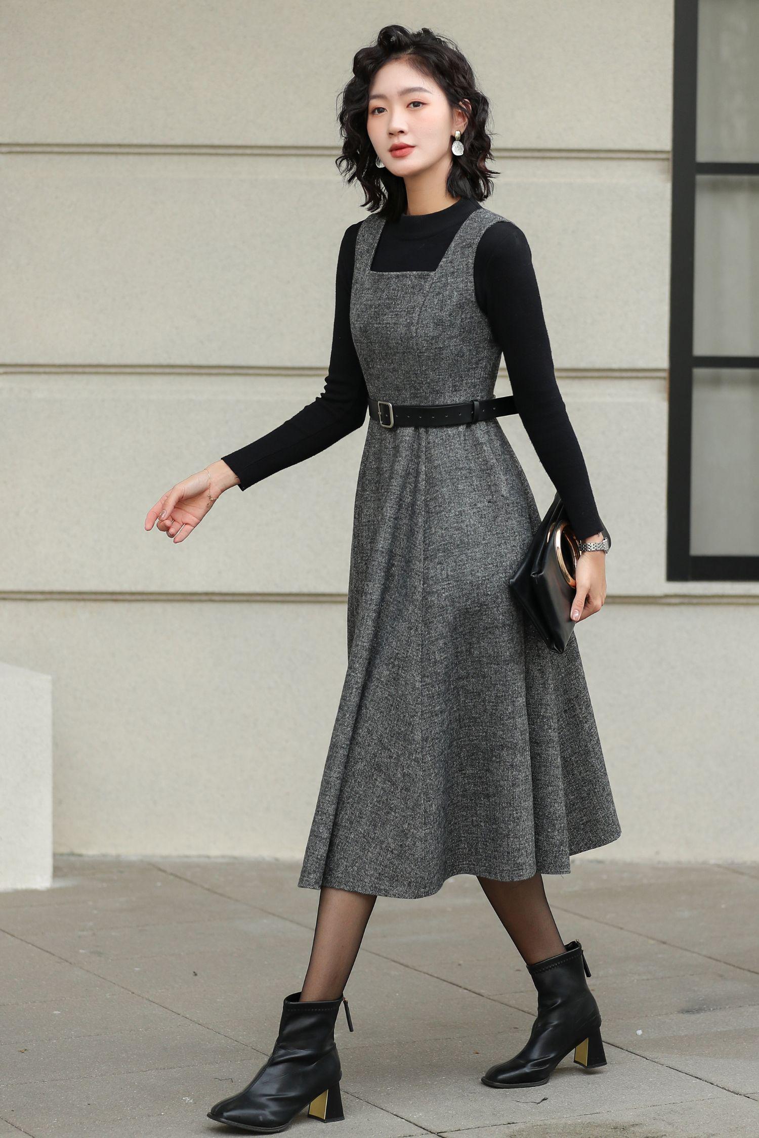 Vintage Inspired Wool Pinafore Dress: Grey Tweed A-line Midi