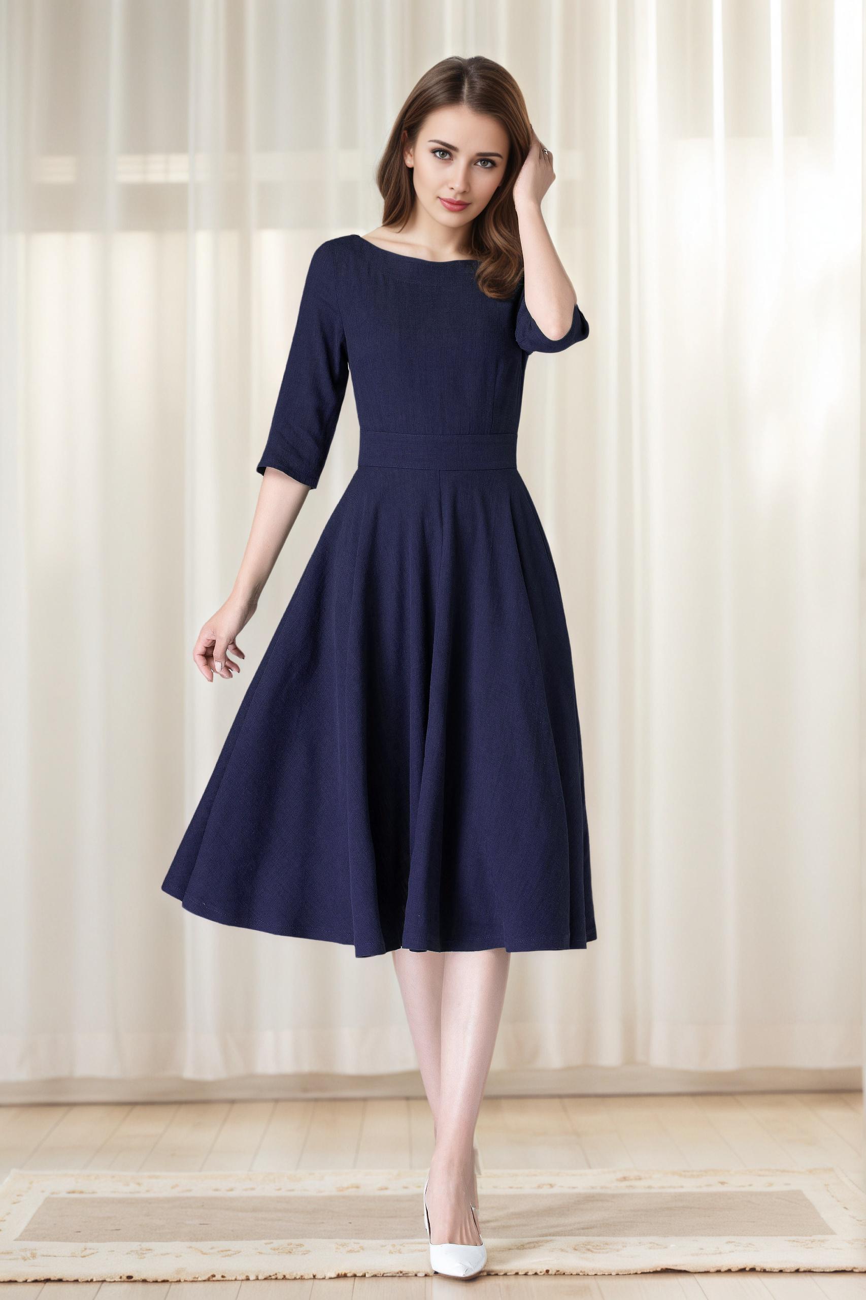 midi cotton dress with sleeves Alex Short Sleeve Round Neck Button