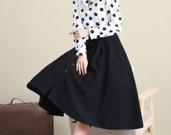 Black Button Front Skirt Midi, A Line Pleated Skirt With
