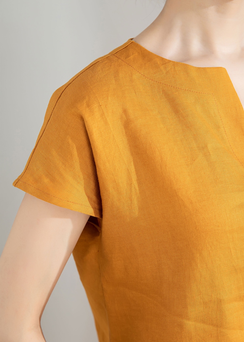 Yellow Linen Shirt, Womens Linen Top, Short Sleeve Casual Linen Blouse, Organic Linen Top, Plus Size Linen, Custom Shirt, Xaolizi 4207 image 9