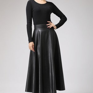 Black Faux Leather Skirt Classic Style Maxi Skirt Women PU Vegan Flared ...