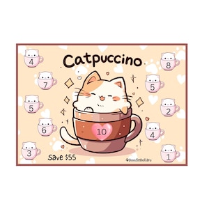 May include: A whimsical illustration featuring a cat in a coffee cup labeled "Catpuccino." The cat has orange and white fur and is surrounded by small coffee cups with cat faces and numbers. The image has a heart and diamond design.
