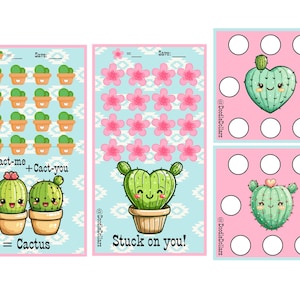 Puede incluir: Tres tarjetas imprimibles con temática de cactus. La primera tarjeta tiene una ecuación matemática con dos cactus y la palabra "Cactus". La segunda tarjeta tiene un fondo rosa y azul con un cactus y las palabras "Stuck on you!" La tercera tarjeta tiene un fondo rosa con una cuadrícula de círculos y dos cactus.