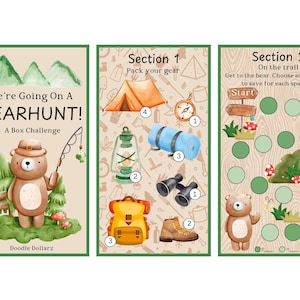 Puede incluir: Un conjunto de tres tarjetas ilustradas con un borde verde. La primera tarjeta dice "We're Going On A BEARHUNT! A Box Challenge" con una ilustración de oso. La segunda tarjeta muestra equipo de campamento. La tercera tarjeta tiene un tema de sendero con un oso.