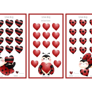 May include: Three printable Valentine's Day activity cards featuring a ladybug with hearts. The cards say "Love Bug" and "Roll and Save".