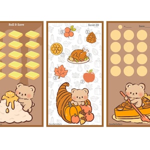 May include: Three illustrated cards with a Thanksgiving theme. The cards feature a bear character and various food items like butter, a turkey, and pie. Text includes "Roll & Save" and "Save 20".