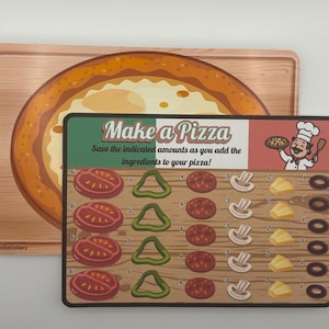 May include: A wooden pizza-shaped cutting board with a pizza graphic, and a "Make a Pizza" game board. The game board features pizza ingredients like tomatoes, peppers, mushrooms, and olives. The text on the board says "Make a Pizza".