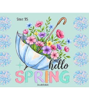 Puede incluir: Un paraguas azul con un arreglo floral de flores rosas, moradas y amarillas. El texto "hello spring" está escrito en colores arcoíris. El texto "Save 35" está en la esquina superior izquierda. El fondo es azul claro con un patrón de círculos iridiscentes.