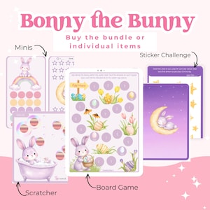 May include: A collection of Easter-themed products featuring a bunny character. The image includes a board game, scratcher, sticker challenge, and mini cards, all with pastel colors and illustrations of bunnies, eggs, and rainbows. Text reads "Bonny the Bunny".