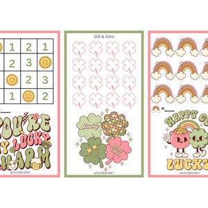 May include: Three printable St. Patrick's Day game cards with a green, pink, and white color scheme. The first card is a bingo card with numbers and shamrock icons. The second card is a roll and save card with shamrock icons. The third card is a happy go lucky card with a pot of gold and a shamrock.