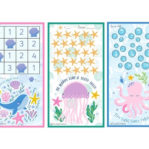 May include: Three colorful printable sheets with an ocean theme. One features a grid with numbers and seashells, another has starfish and a jellyfish, and the last has bubbles and an octopus. Each sheet has a space to save.