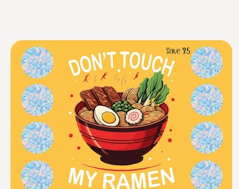 Pegatinas rascables tamaño A5 "No toques el ramen"; ahorra 35 unidades; pegatinas holográficas para raspar, ideales para personas de bajos recursos.