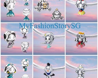 Disney Collection Cinderella Snow White Rapunzel Mermaid Aurora Aladdin Olaf Belle Carriage Charm Beads Fit Bracelet DIY Jewelry