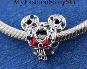 Disney Mickey Mouse Christmas Wreath Charm Fit Bracelet Necklace Pendant DIY Women Fashion Silver Jewelry Beads Accessories Anniversary Gift