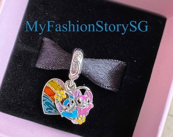 Disney Stitch & Angel Dubbel Dingle Charm Pärlor Passar Armband Halsband Kvinnor Silver Hängen Pärlor DIY Smycken Tillbehör Jubileumspresent