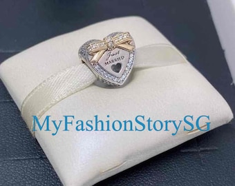 Just Married Wedding Heart Charm Fit Bracelet Necklace Pendant DIY Women Fashion Silver Jewelry Beads Accessories Anniversary Gift