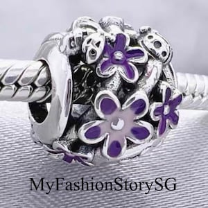 Openwork Purple Daisy Charm Fit Bracelet Necklace Pendant Women Fashion DIY Beads Silver Jewelry Accessories Anniversary Gift