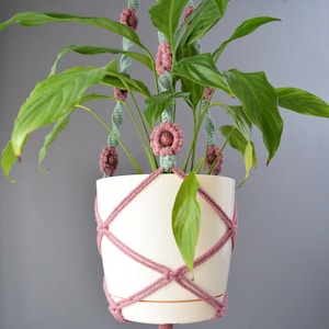 May include: A pink macrame plant hanger with a white pot and a green plant. The hanger has a tassel at the bottom and is decorated with pink flowers.