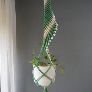 Peut inclure: Un porte-plante en macramé vert et blanc avec des perles blanches suspendues au sommet. Le porte-plante contient un pot en céramique blanc avec une plante verte.