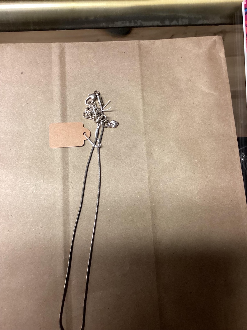 Puede incluir: Un collar de cadena de plata con un peque&ntilde;o dije. La cadena est&aacute; sobre una superficie marr&oacute;n.