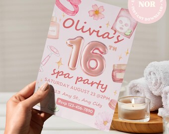 Zaproszenie na imprezę spa z okazji 16. urodzin: edytowalny szablon Canva