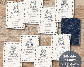 Zaproszenie na urodziny Navy Milestone | Szablon urodzinowy dla dorosłych z grafiką liniową | Możliwość edycji w Canva