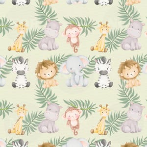 May include: A repeating pattern featuring cute cartoon safari animals: zebras, lions, elephants, giraffes, hippos, and monkeys. The animals are in soft pastel colours, set against a light green background with leafy accents. Ideal for children's products.