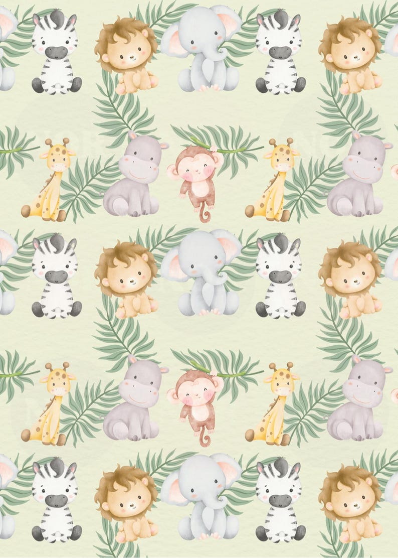 May include: A repeating pattern featuring cute cartoon safari animals: zebras, lions, elephants, giraffes, hippos, and monkeys. The animals are in soft pastel colours, set against a light green background with leafy accents. Ideal for children's products.
