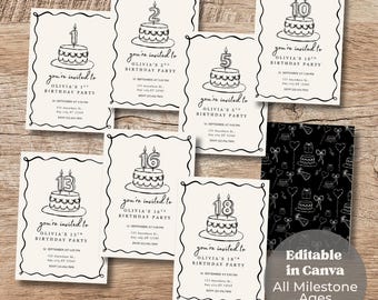 Czarne zaproszenie na urodziny z kamieniem milowym | Szablon urodzinowy dla dzieci z grafiką liniową | Możliwość edycji w Canva