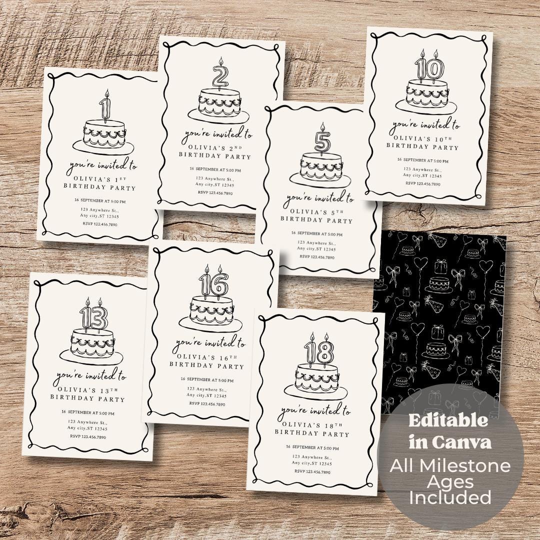 Black Milestone Birthday Invitation | Line Art Kids Birthday Template ...