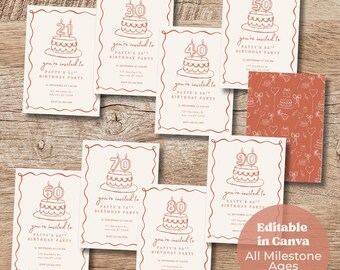 Zaproszenie urodzinowe z motywem terakoty | Szablon urodzinowy z grafiką liniową | Edytowalny w Canva