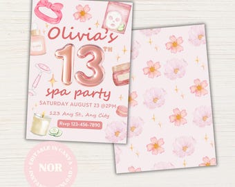 Zaproszenie na 13. urodziny w spa: Różowy, glamourowy szablon Canva (do pobrania cyfrowego)