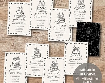 Czarne zaproszenie na urodziny z okazji kamienia milowego | Szablon urodzinowy dla dorosłych z grafiką liniową | Możliwość edycji w Canva