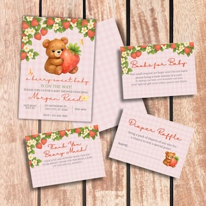 Berry Sweet Baby Shower Invitation Set | Strawberry Bear Theme | Canva Editable | Diaper Raffle, Book Request, Thank You