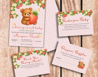 Strawberry Bear Baby Shower Invitation Set: Canva Editable (Digital Download))