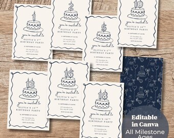 Zaproszenie urodzinowe Navy Milestone | Szablon urodzinowy dla dzieci z grafiką liniową | Możliwość edycji w Canva