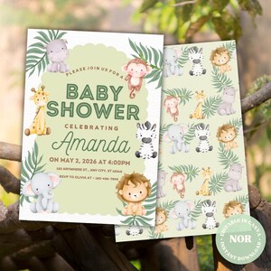 May include: Baby shower invitation with illustrations of jungle animals, including a giraffe, monkey, and lion. The invitation is light green and reads "Baby Shower Celebrating Amanda" with event details. A matching pattern is on the back.