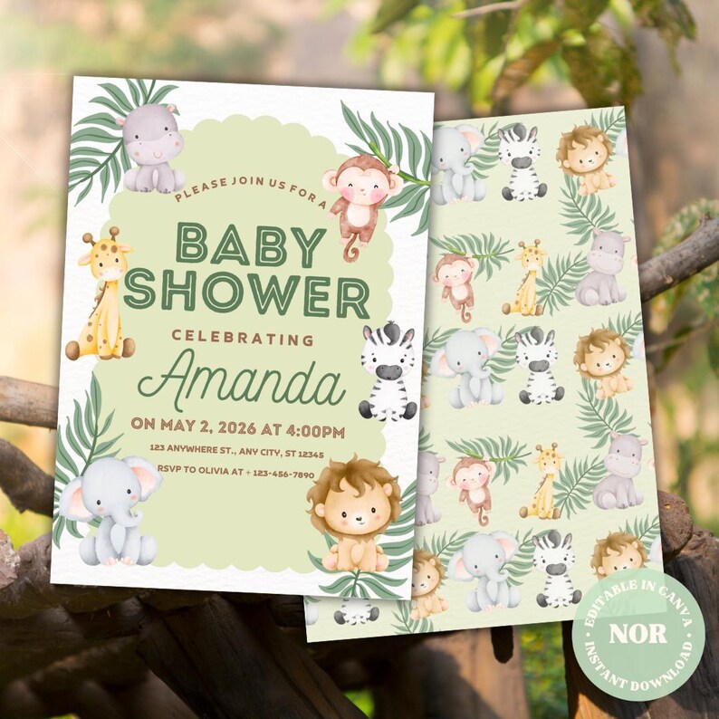 May include: Baby shower invitation with illustrations of jungle animals, including a giraffe, monkey, and lion. The invitation is light green and reads "Baby Shower Celebrating Amanda" with event details. A matching pattern is on the back.