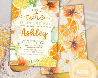 Zestaw zaproszeń na baby shower w kolorze cytrusowym: motyw Little Cutie (szablon Canva, wersja cyfrowa do pobrania)